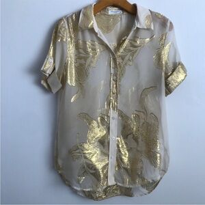 EQUIPMENT WOMENS SHIRT SILK SHORT SLEEVE IVORY GOLD BUTTON FRONT SMALL